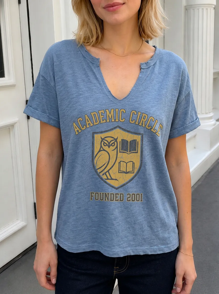 Women's Academic Circle Owl Shield Printed V-Neck T-Shirt