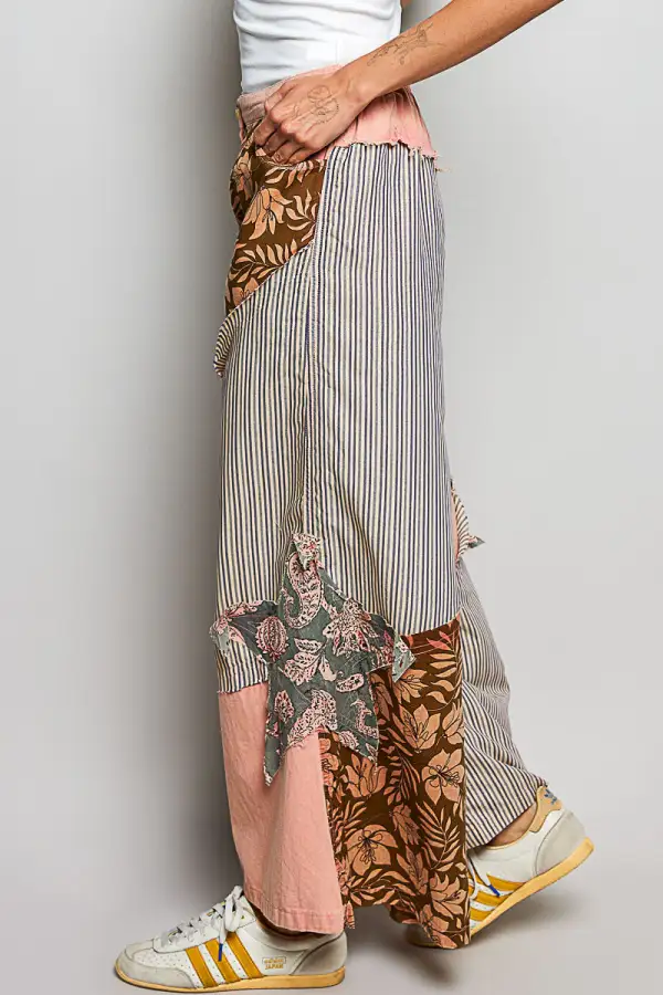 Sequin Floral Print Wide Leg Pocketed Pants