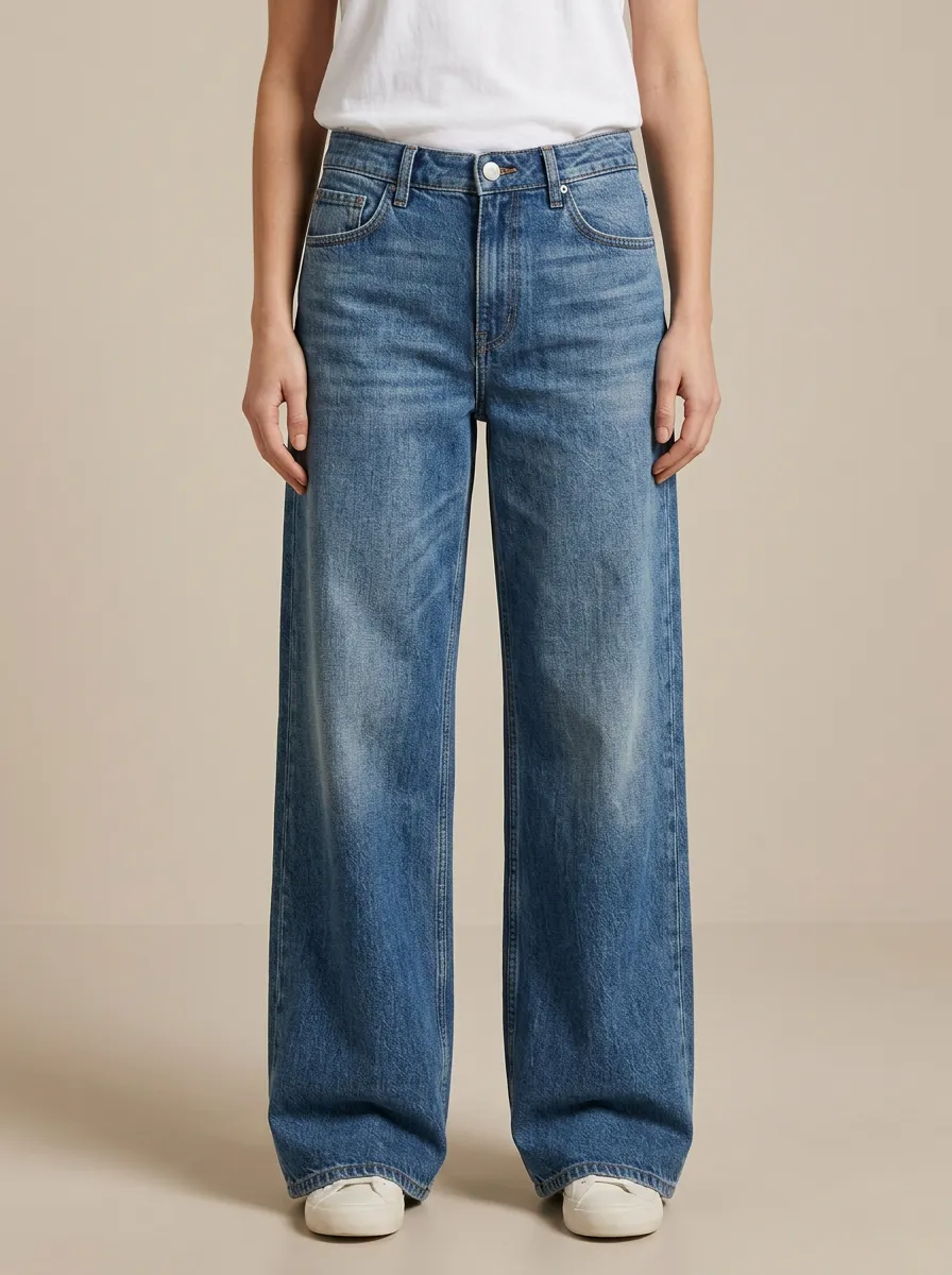 Women's Mid-Rise Contrast-Stitch Faded Wide-Leg Denim Jeans