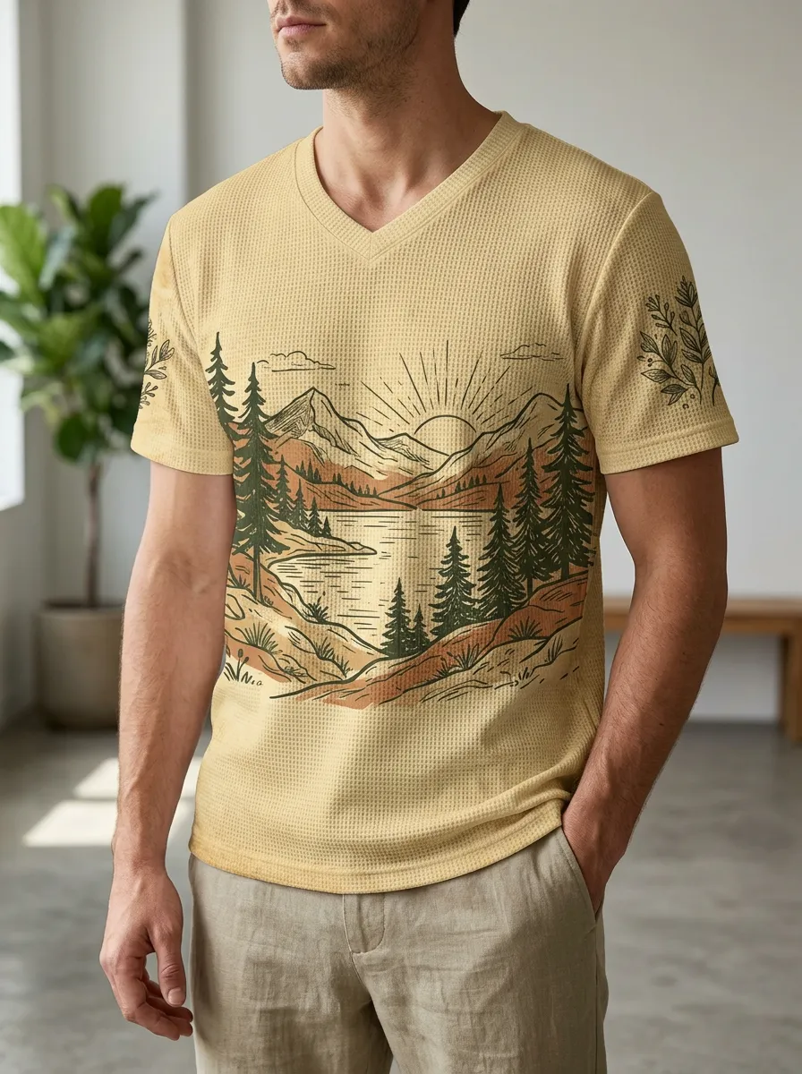 Men's Wilderness Nature Lover Mountain Forest Landscape V-Neck T-Shirt