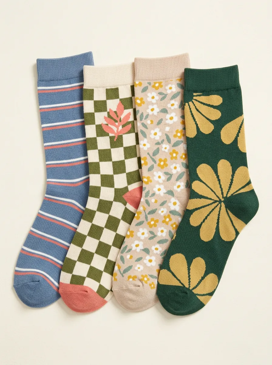 Vintage Inspired Checkerboard Floral Striped Retro Four-Pair Casual Socks