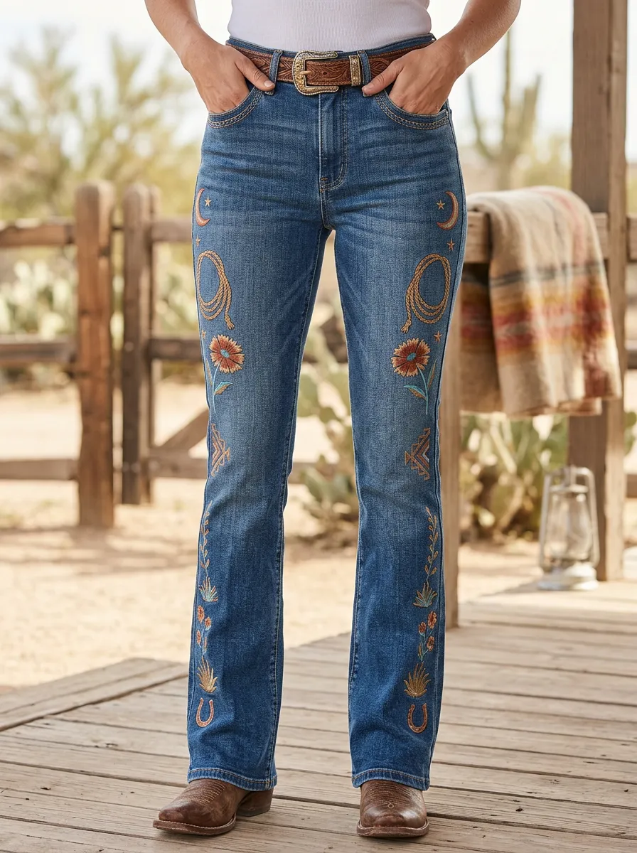 Women's Western Cowboy Lasso Moon Floral Jeans