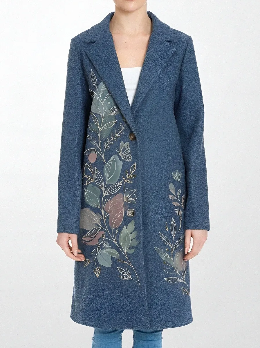 Women's Botanical Nature Lover Floral Leaf Printed Wool Coat