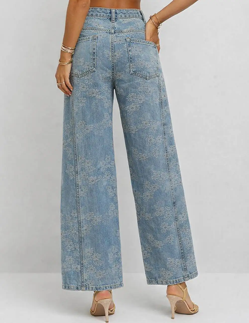 Floral Jacquard Button Pocket Wide Leg Denim Pants