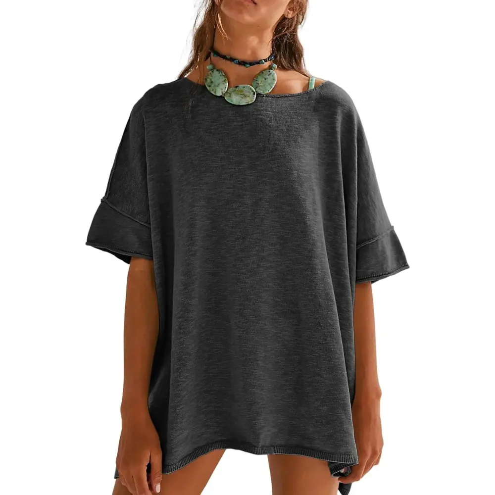 Women's Oversized T Shirts Casual Summer Crew Neck Loose Dropped Short Sleeve Side Slit Hem Blouse Tunic Tops