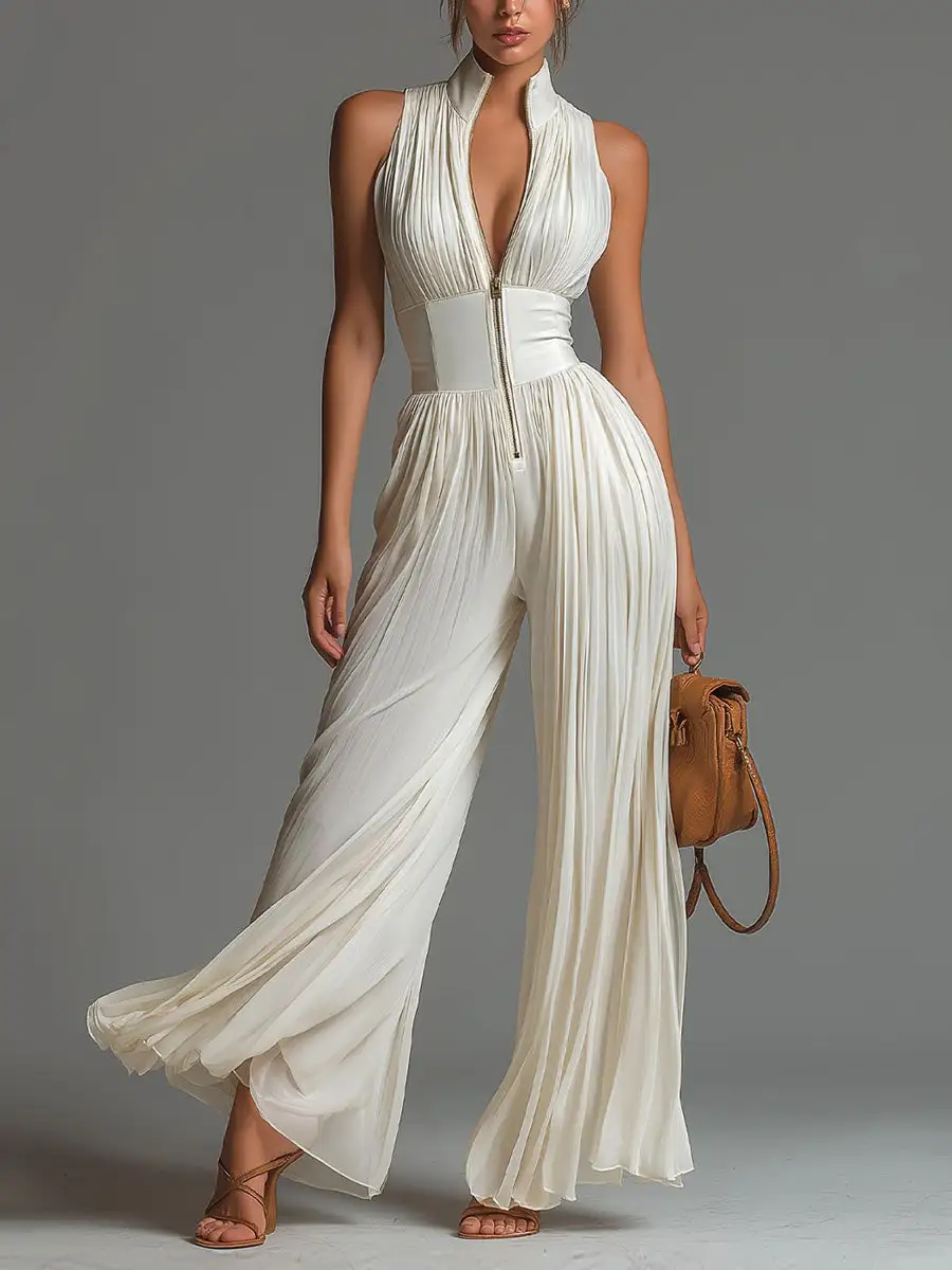 High Waisted Sleeveless Pleated Solid Color Zipper V