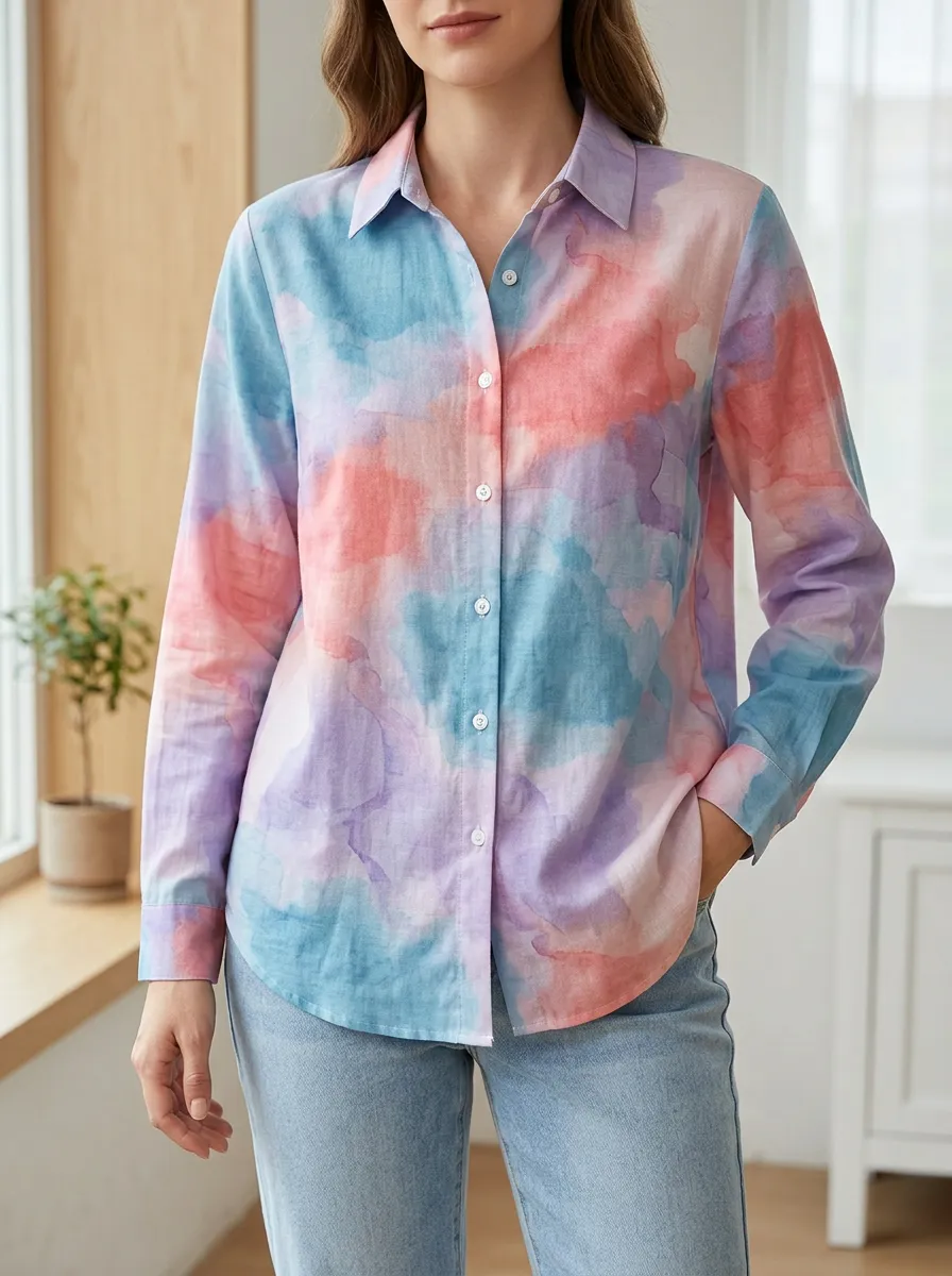 Women's Artful Casual Style Watercolor Tie-Dye Shirt