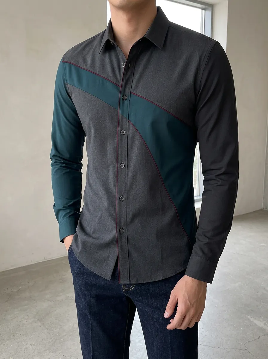 Men's Slim Fit Colorblock Diagonal Stripe Long Sleeve Shirt