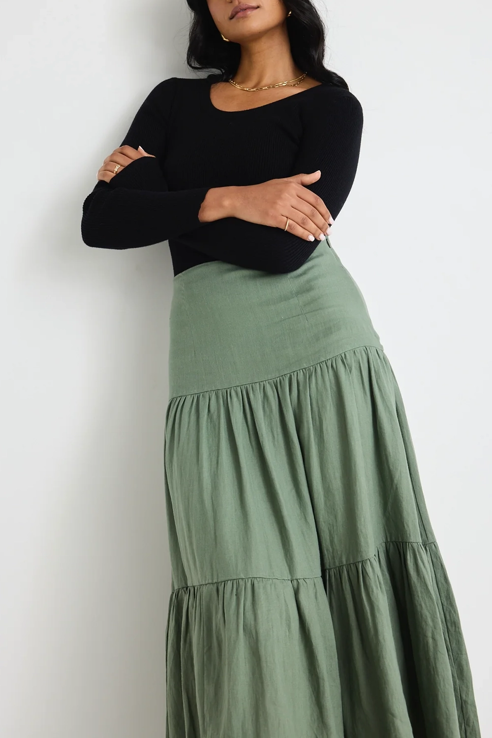 Light Green Tiered Midi Skirt