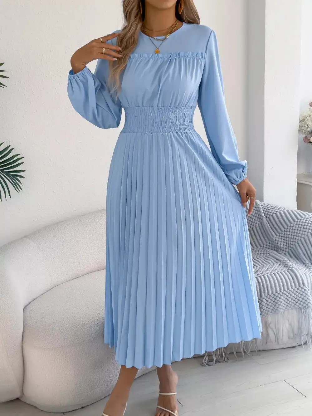 Pleated Smocked Long Sleeve Midi Dress