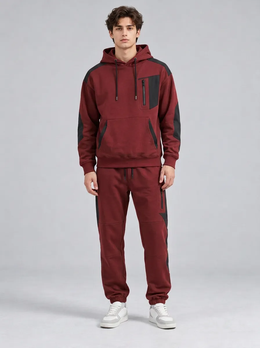 Men's Olive Green Color-Block Technical Hoodie and Jogger Set