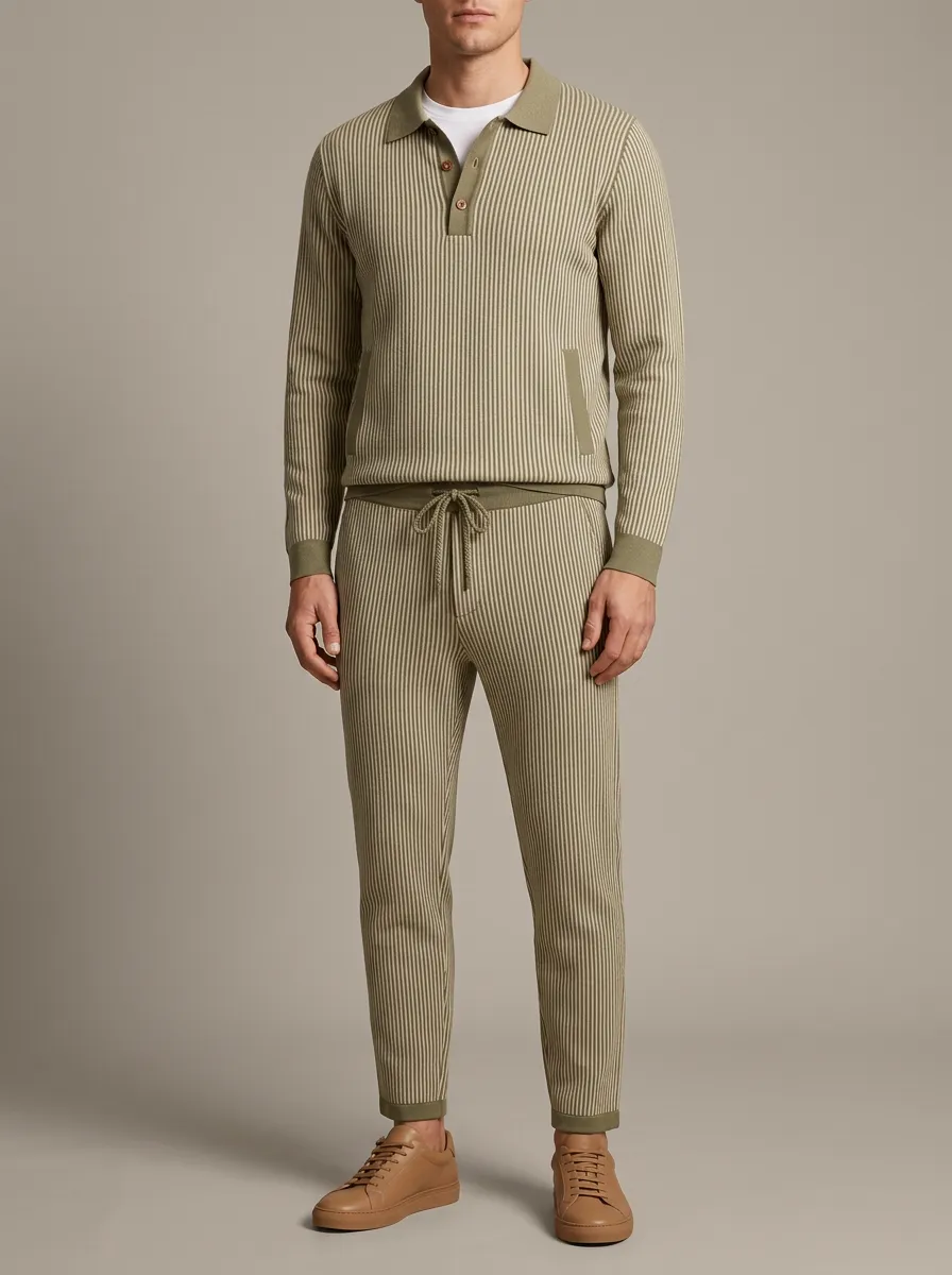 Men's Striped Minimal Polo Collar Jacket and Jogger Pants Set