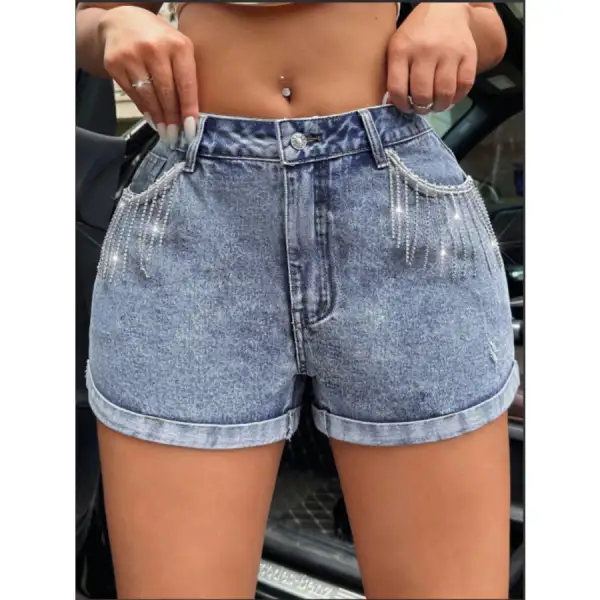 Rhinestone Fringe Denim Shorts