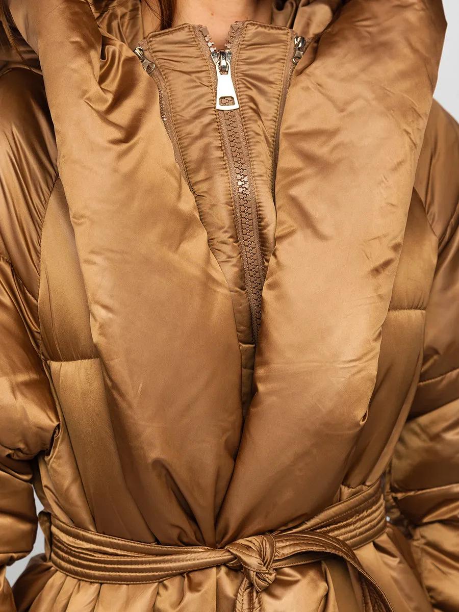 Camel women's long quilted winter jacket with hood