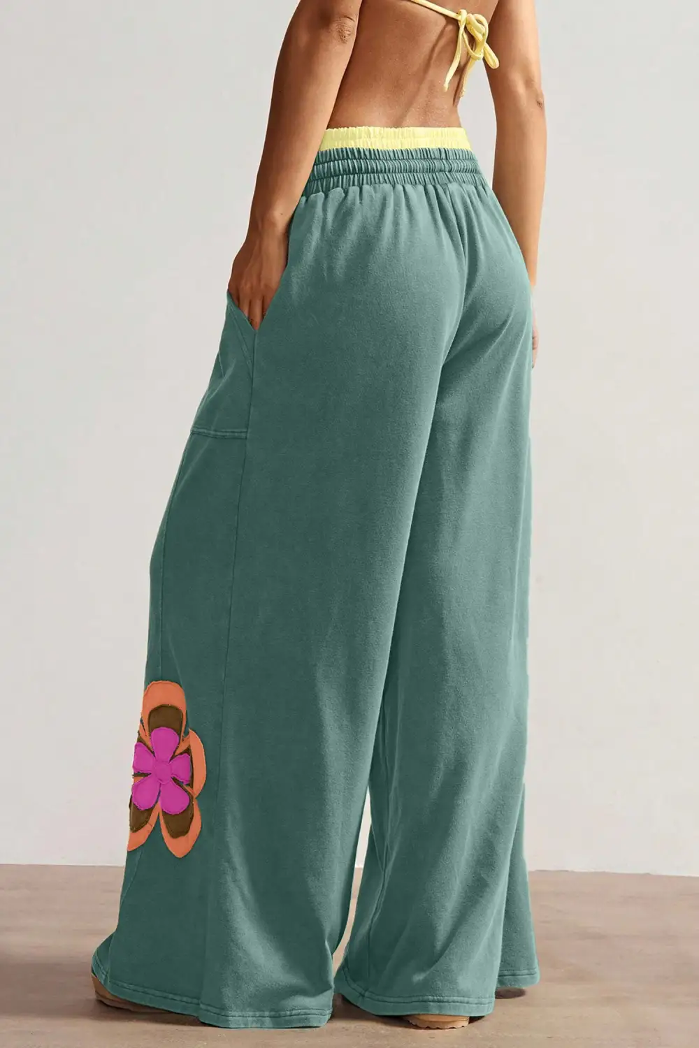 Flower Patchwork Drawstring Contrasted Elastic Rise Wide Leg Pants