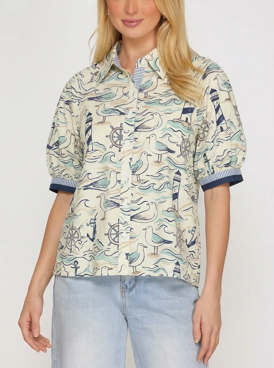 Women's Nautical Seaside Seagull Lighthouse Printed Shirt