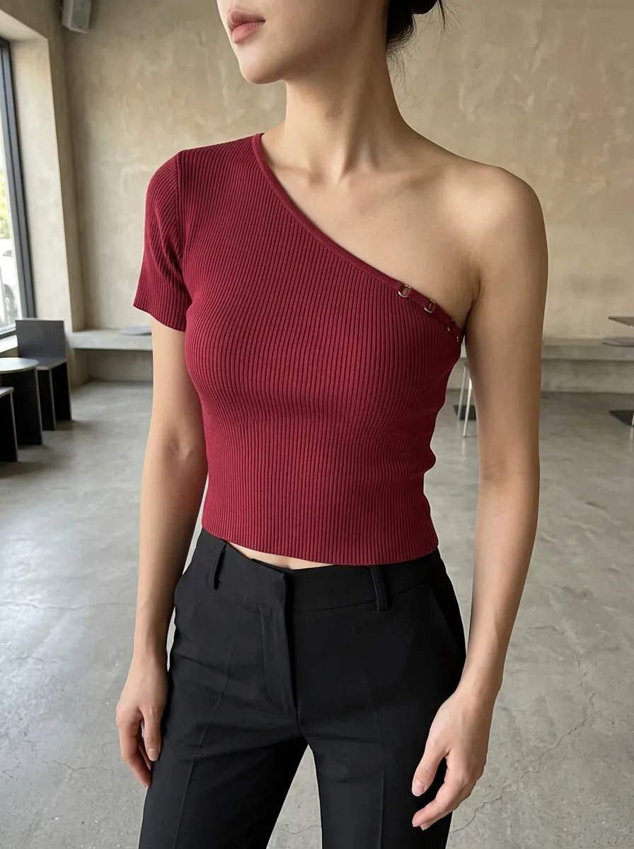 Women's Burgundy Ribbed One-Shoulder Metal Ring Cutout Top