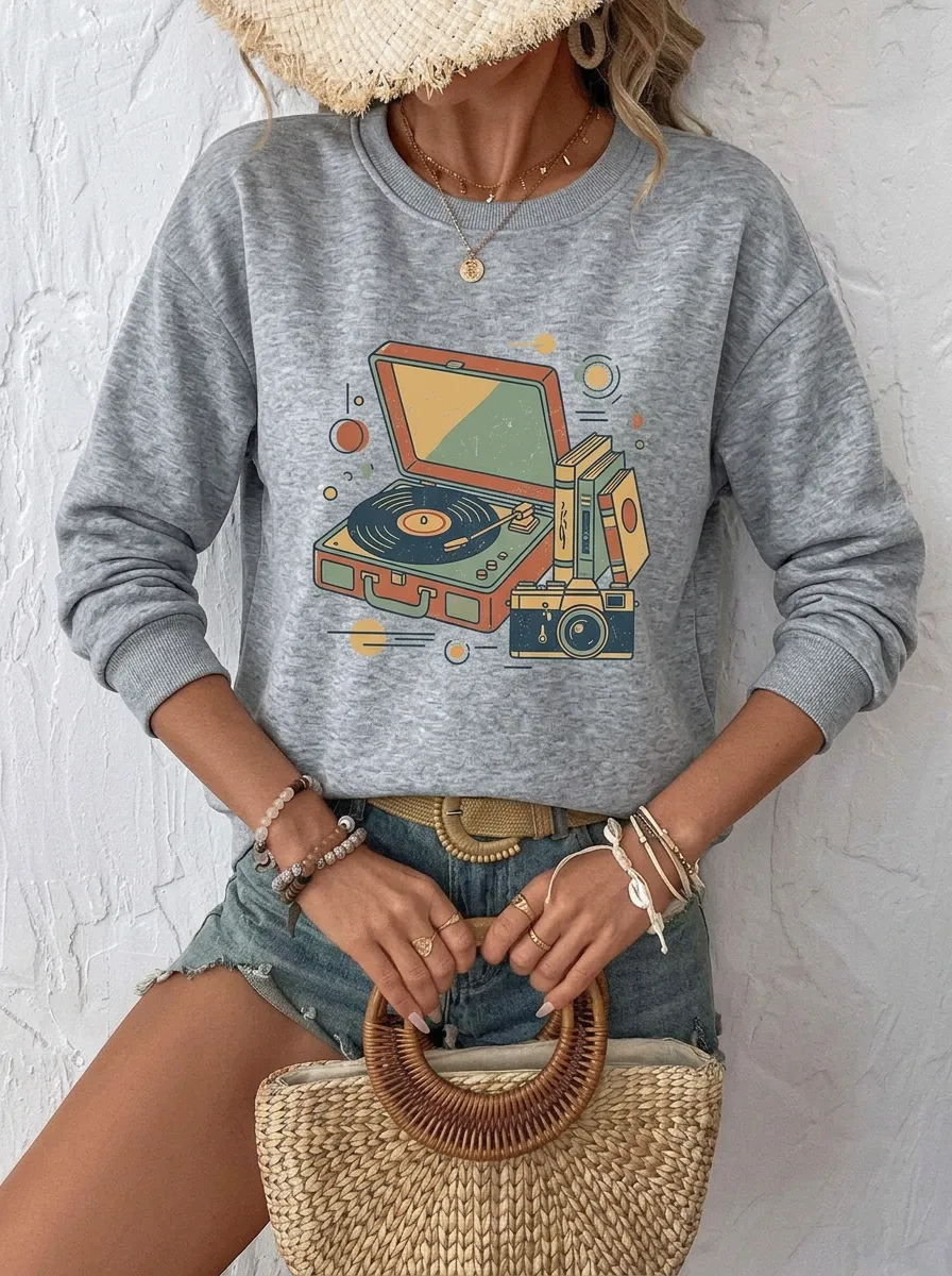 Women's Retro Music Lover Vinyl Record Camera Printed Sweatshirt