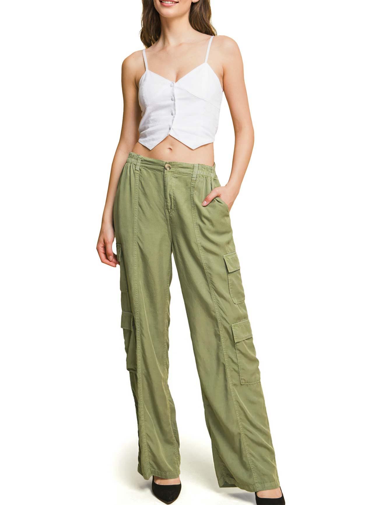 Light Olive Green Cargo Wide - Leg Pants