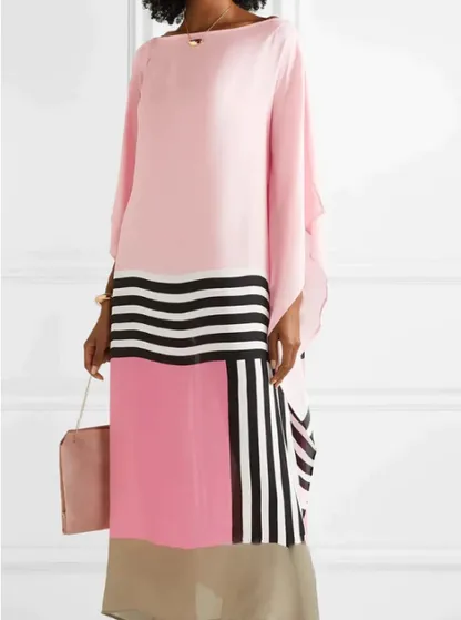 Satin Striped Contrast Bat Sleeve Midi Dress