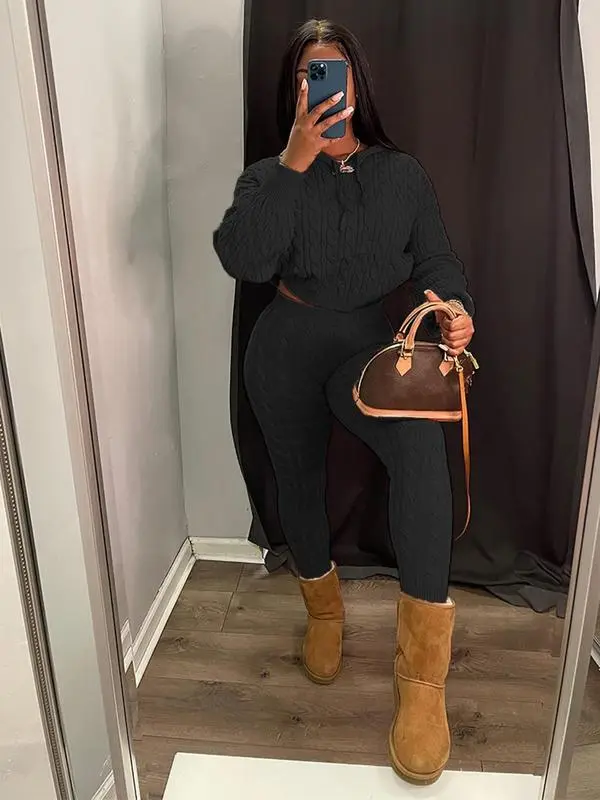 Women's Minimalist Textured Long Sleeve Crop Hooded Sweater& High Waist Skinny Pants Set