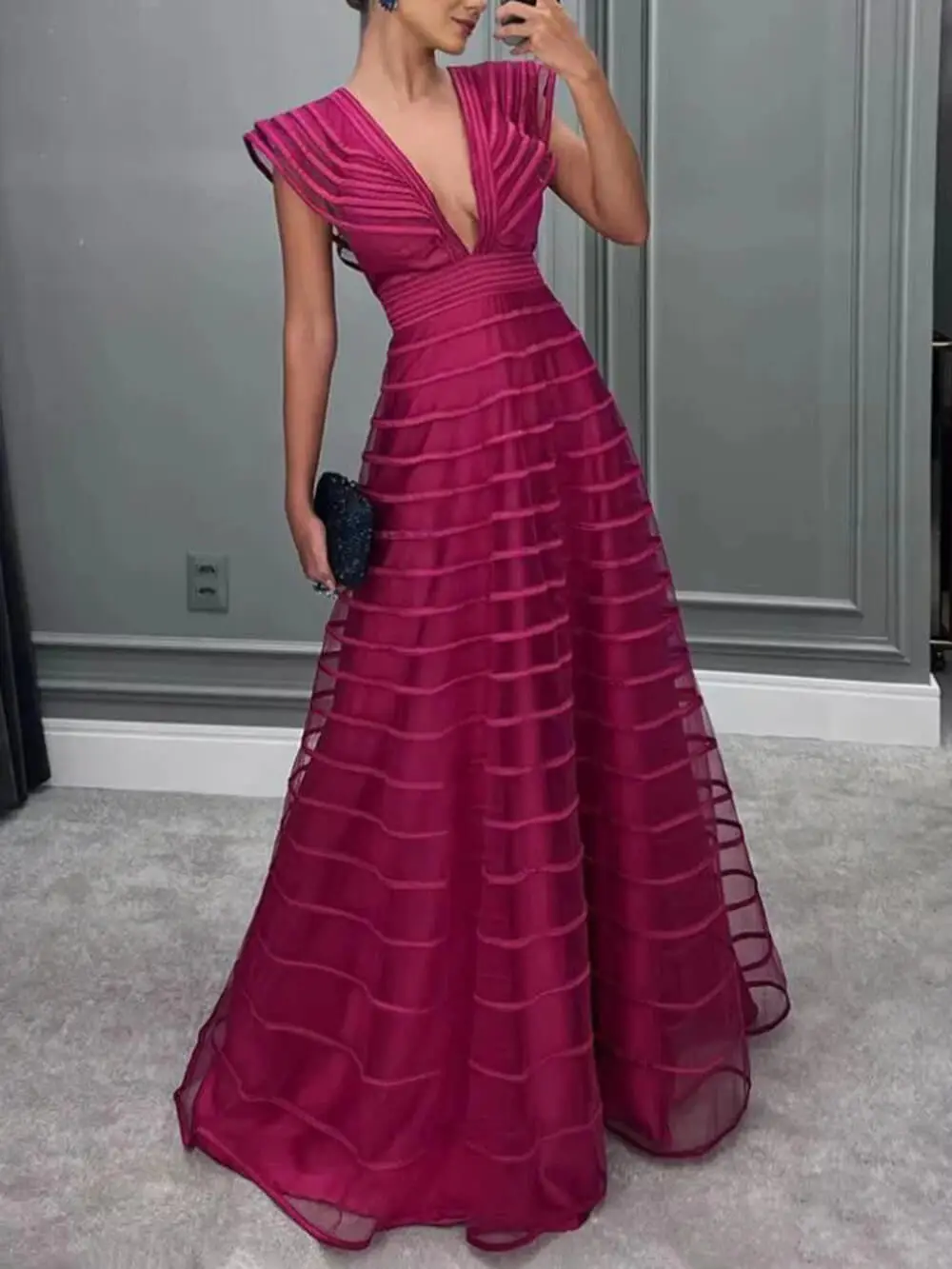 Mesh Panel Deep V Maxi Dress