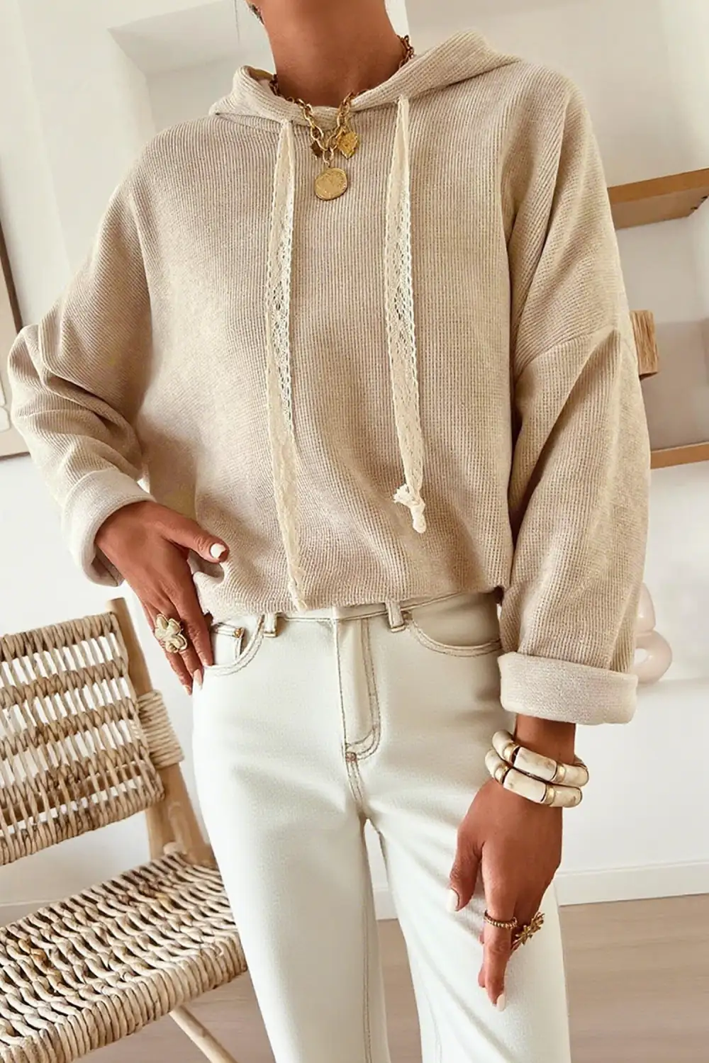 Everyday Relaxed Textured Lace Detail Hoodie