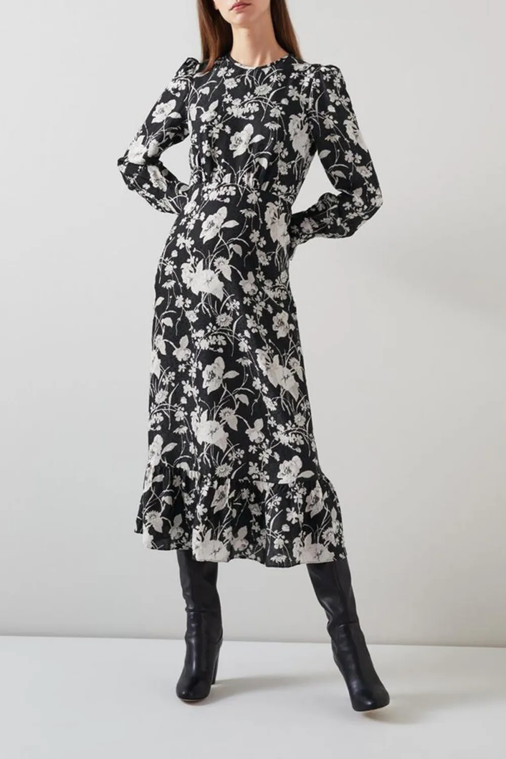 Black White Floral Print Long Sleeve Midi Dress