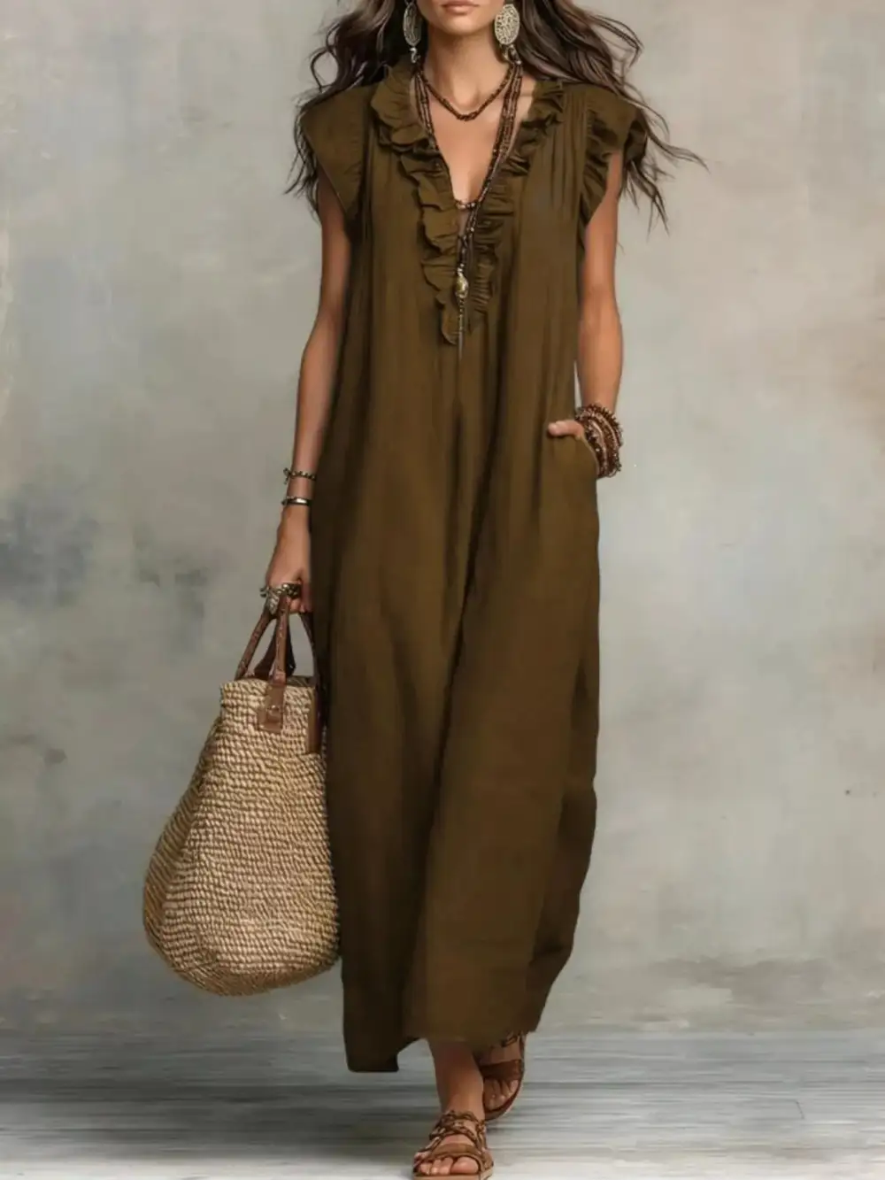 V-Neck Pocketed Maxi Dress