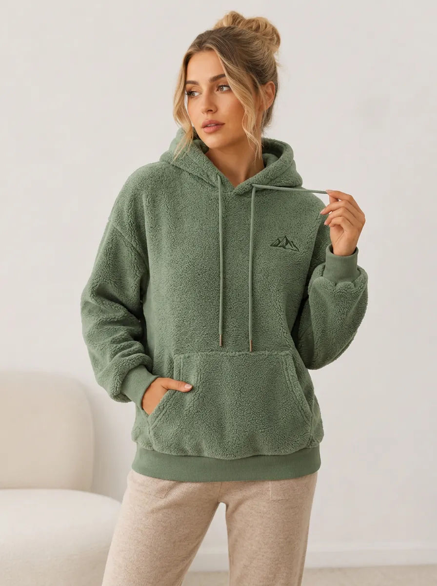 Women's Outdoor Nature Lover Mountain Embroidered Sherpa Hoodie
