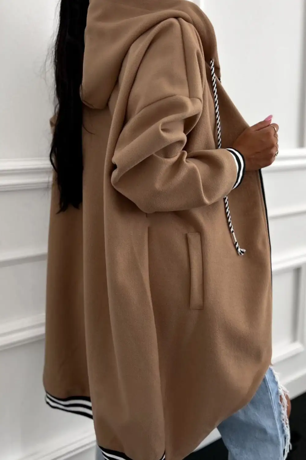 Relaxed Zip Detail Drop Shoulder Contrast Trim Hoodie