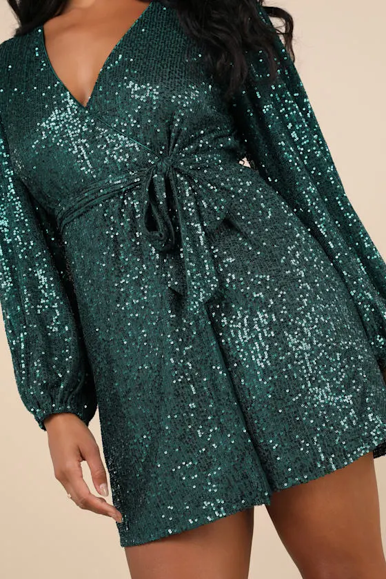 Sparkly Darling Emerald Green Sequin Long Sleeve Wrap Dress