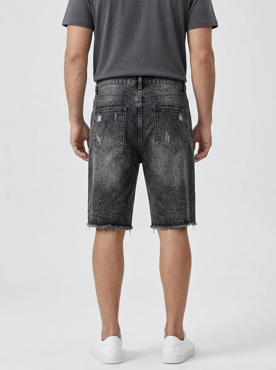 Men's Distressed Raw Hem Washed Street Inspired Distressed Denim Shorts