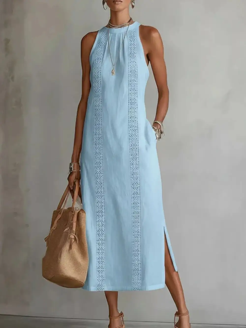 Sleeveless Lace Trim Pocketed Midi Dress