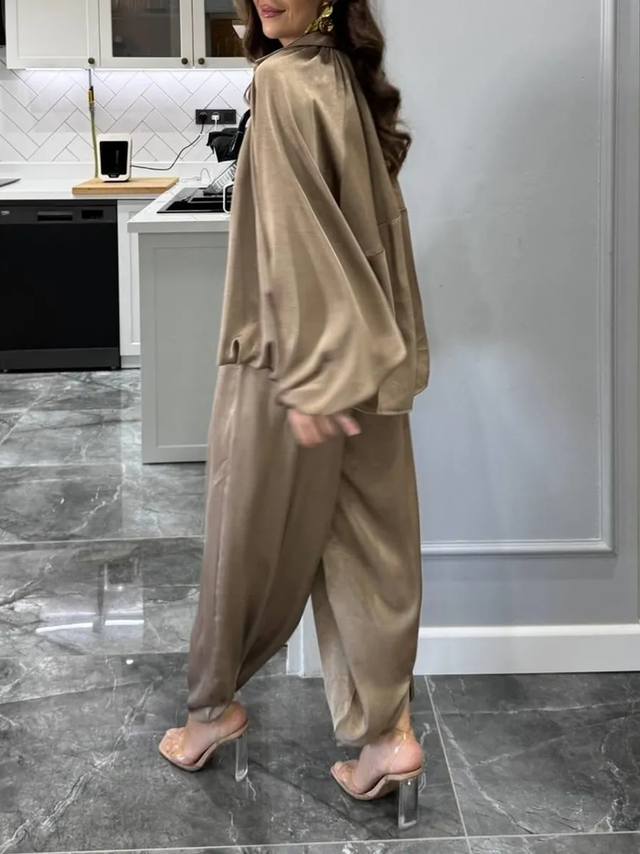 Women's solid color cross-section design casual zipper cardigan & pants set