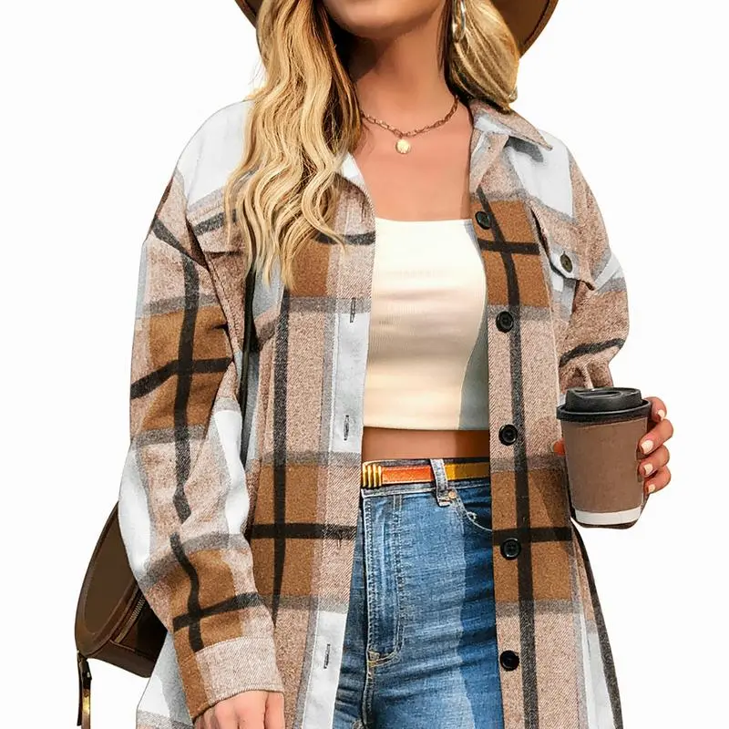 Women's Plus Size Shacket Jacket Flannel Plaid Long Sleeve Button Down Shirts Casual Fall Blouses Tops Winter Coats Winter Holiday