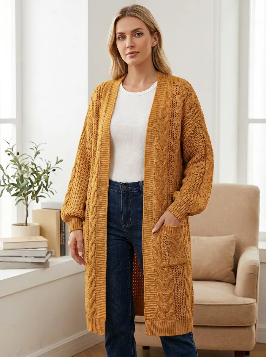 Women's Cable Knit Open-Front Open- Design Without Closures Long Cardigan