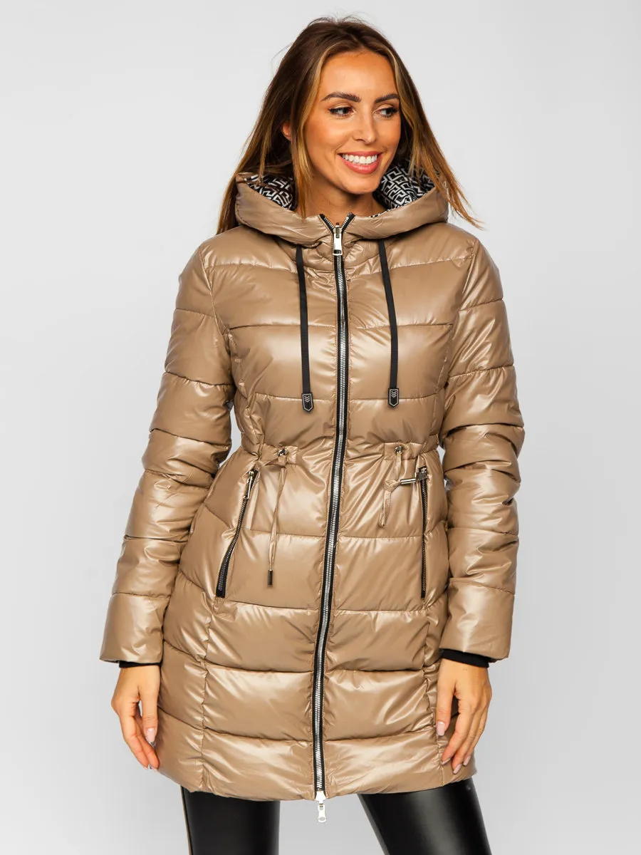 Beige long double-sided quilted winter jacket with hood for women