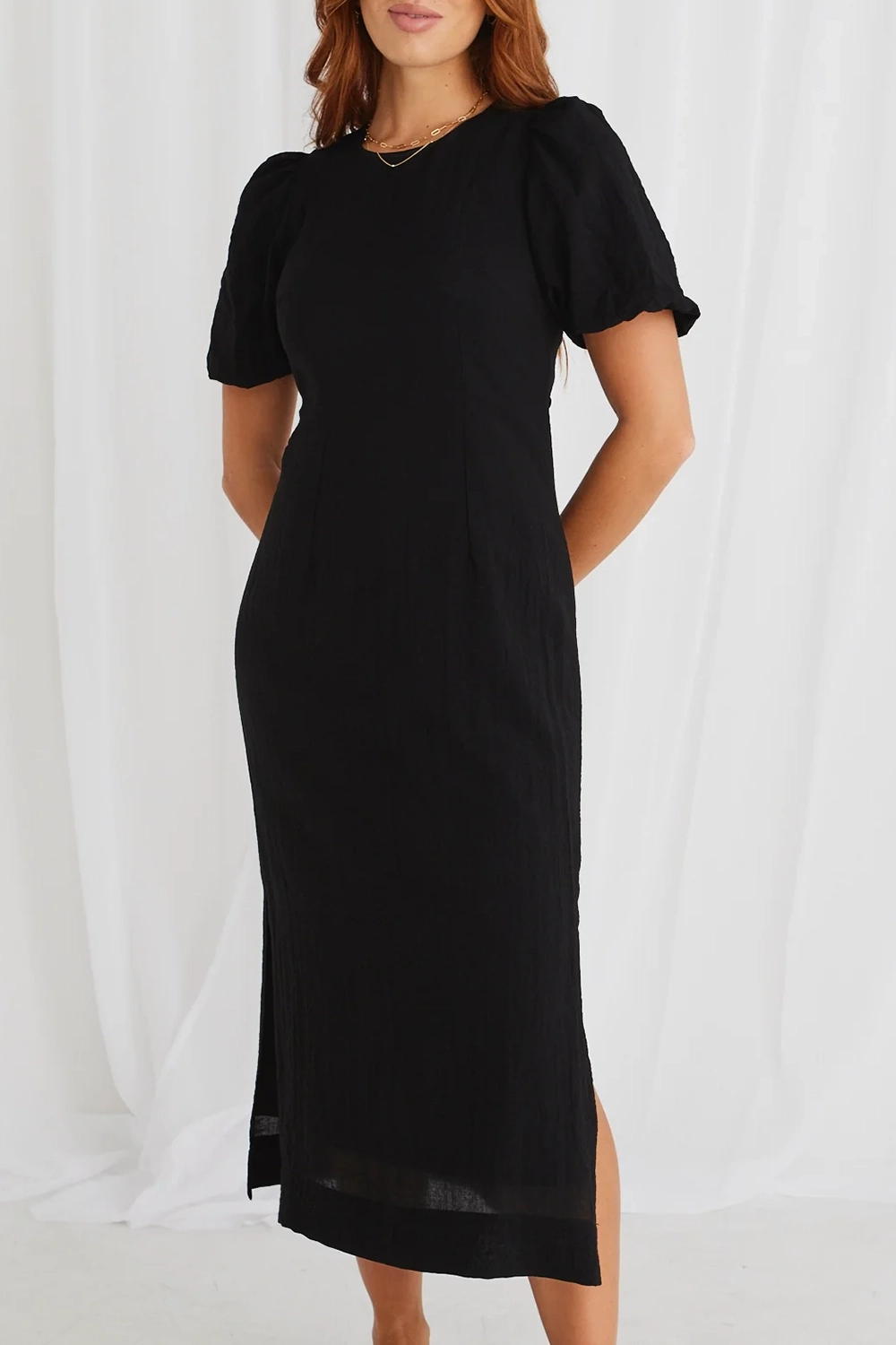 Black Puff - Sleeve Tie - Waist Maxi Dress