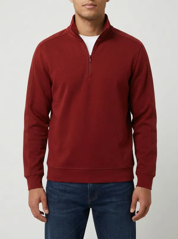 Men's Streamlined Minimalist Textured Embroidered Emblem Stand-Collar Quarter-Zip Sweatshirt