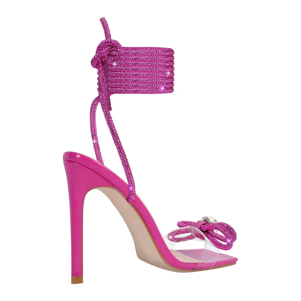 Square Toe Rhinestone Lace Up Stiletto Sandals