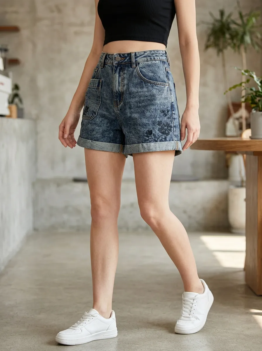 Women's Floral Pattern Acid Wash Printed Denim Shorts