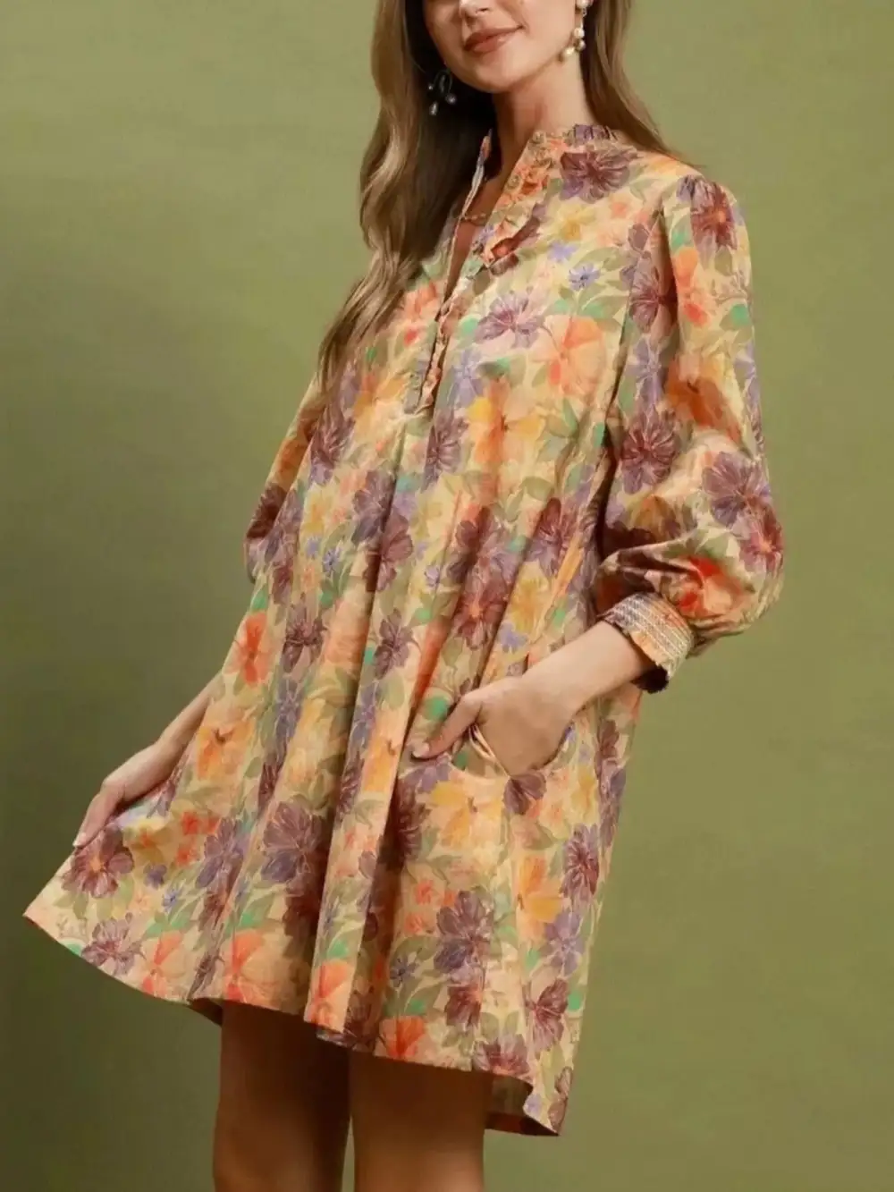 Floral Print Three Quarter Sleeve Pocketed Dress