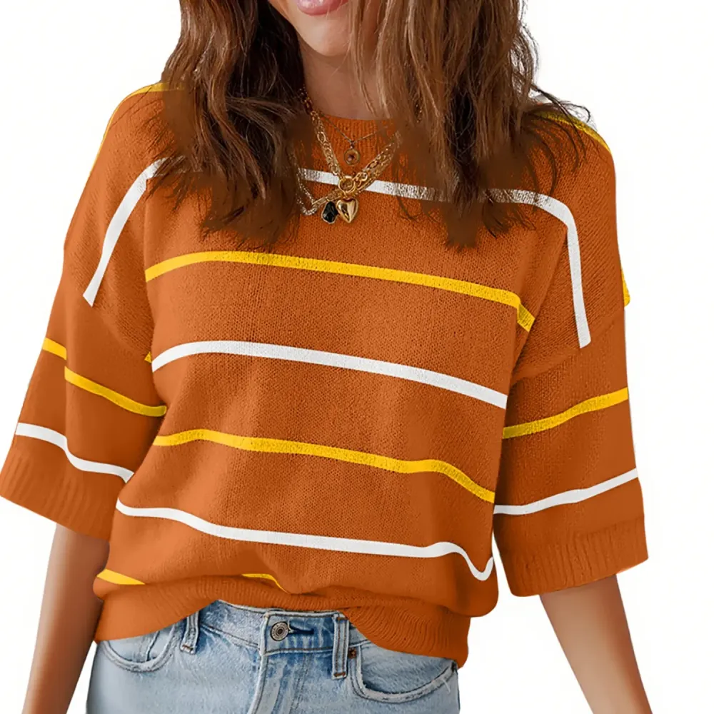 Women'S Short-Sleeved Striped Sweatshirt For Spring And Summer