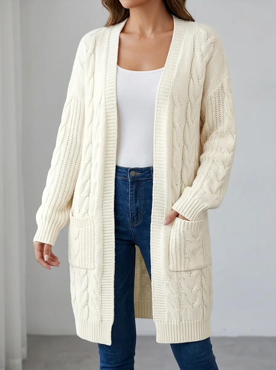 Women's Cable Knit Open-Front Long Cardigan