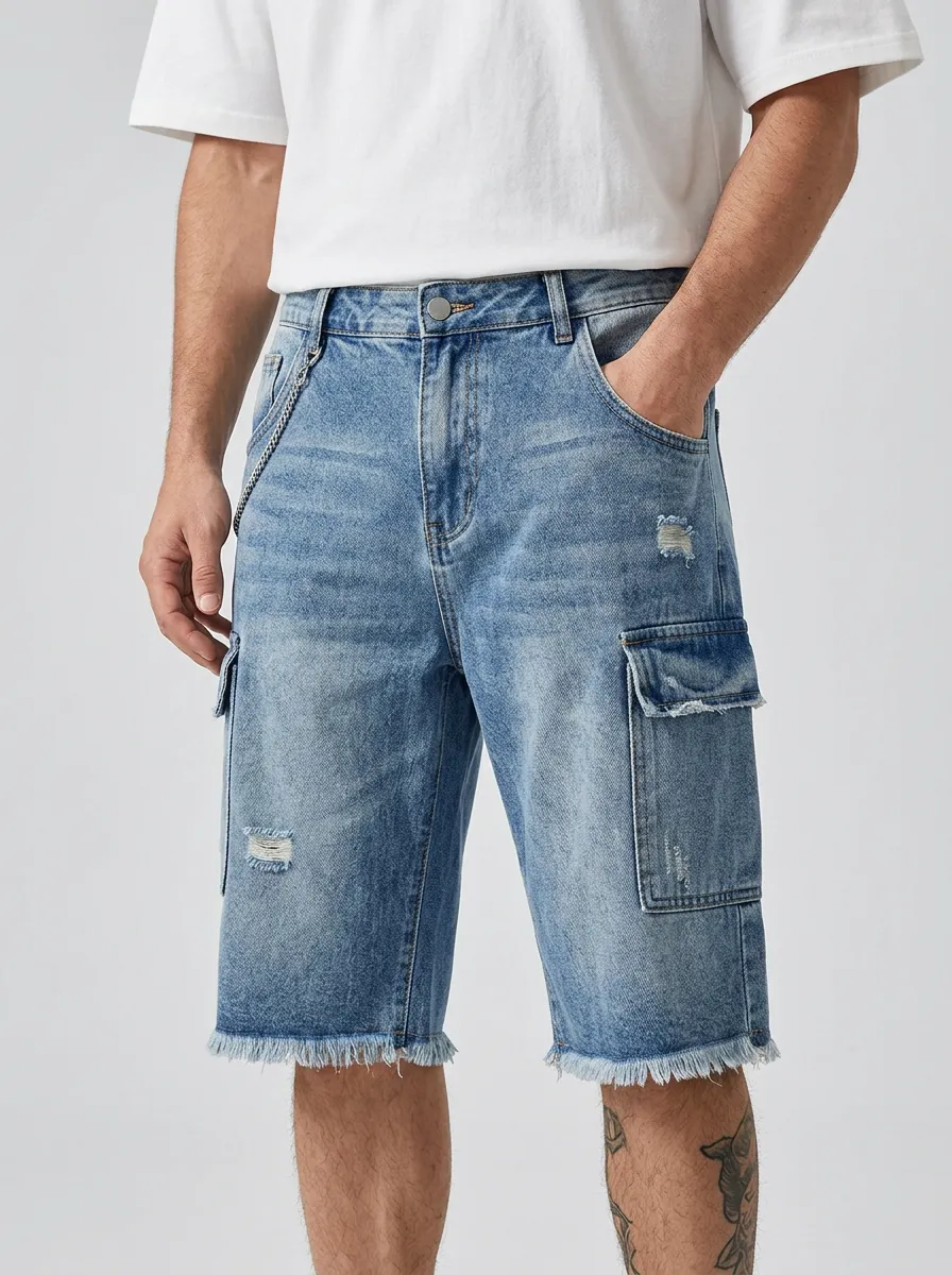 Men's Refined Distressed Raw Hem Street Inspired Distressed Denim Shorts