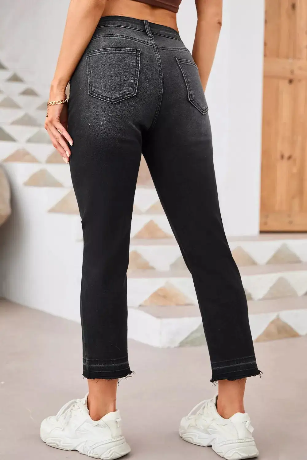 High Waist Straight Leg Distressed Denim Jeans