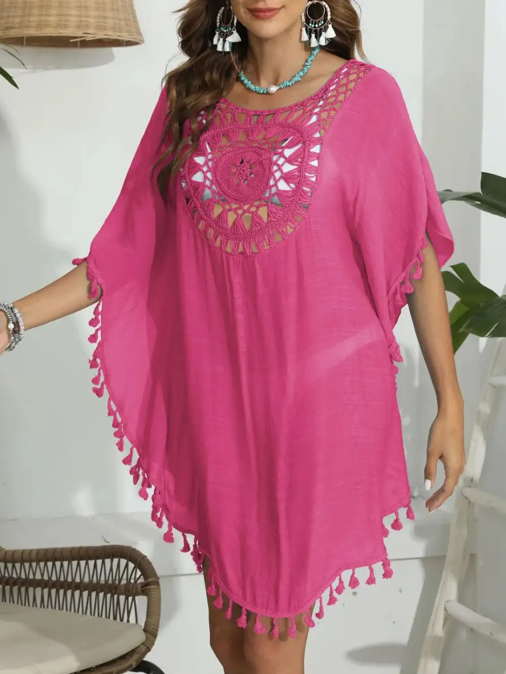Tassel Crochet Round Neck Swim Cover Up