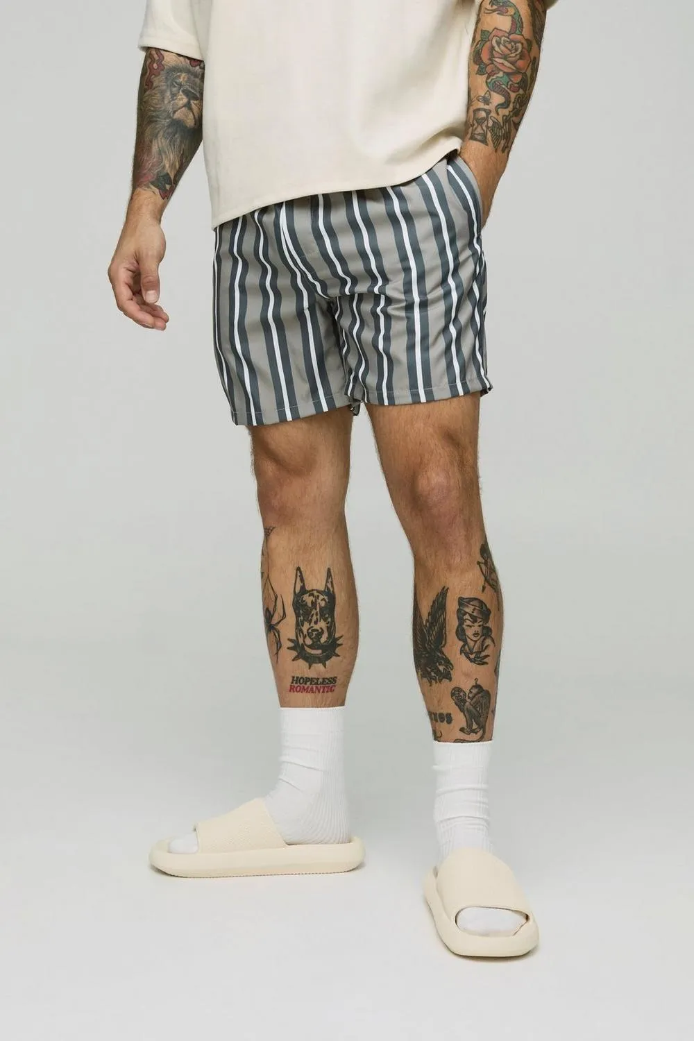 Charcoal Regular Mid Length Stripe Swim Trunks