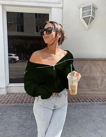 🔥Last day promotion⏰Women's 2525 Quarter Zip Pullover V Neck Collar Long Sleeve Ribbed Knit Loose Casual Sweater
